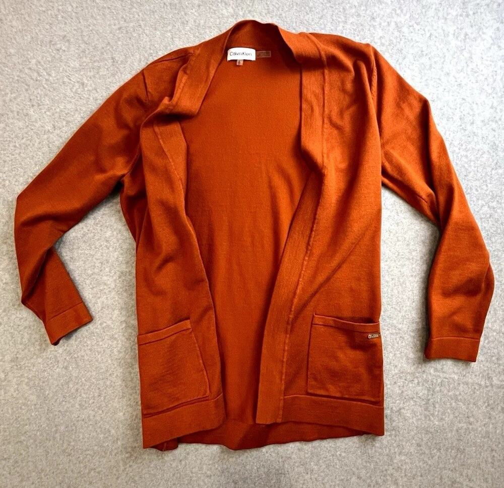Calvin Klein Women's Orange Knit V-Neck Open Front Cardigan Sweater Sz S
